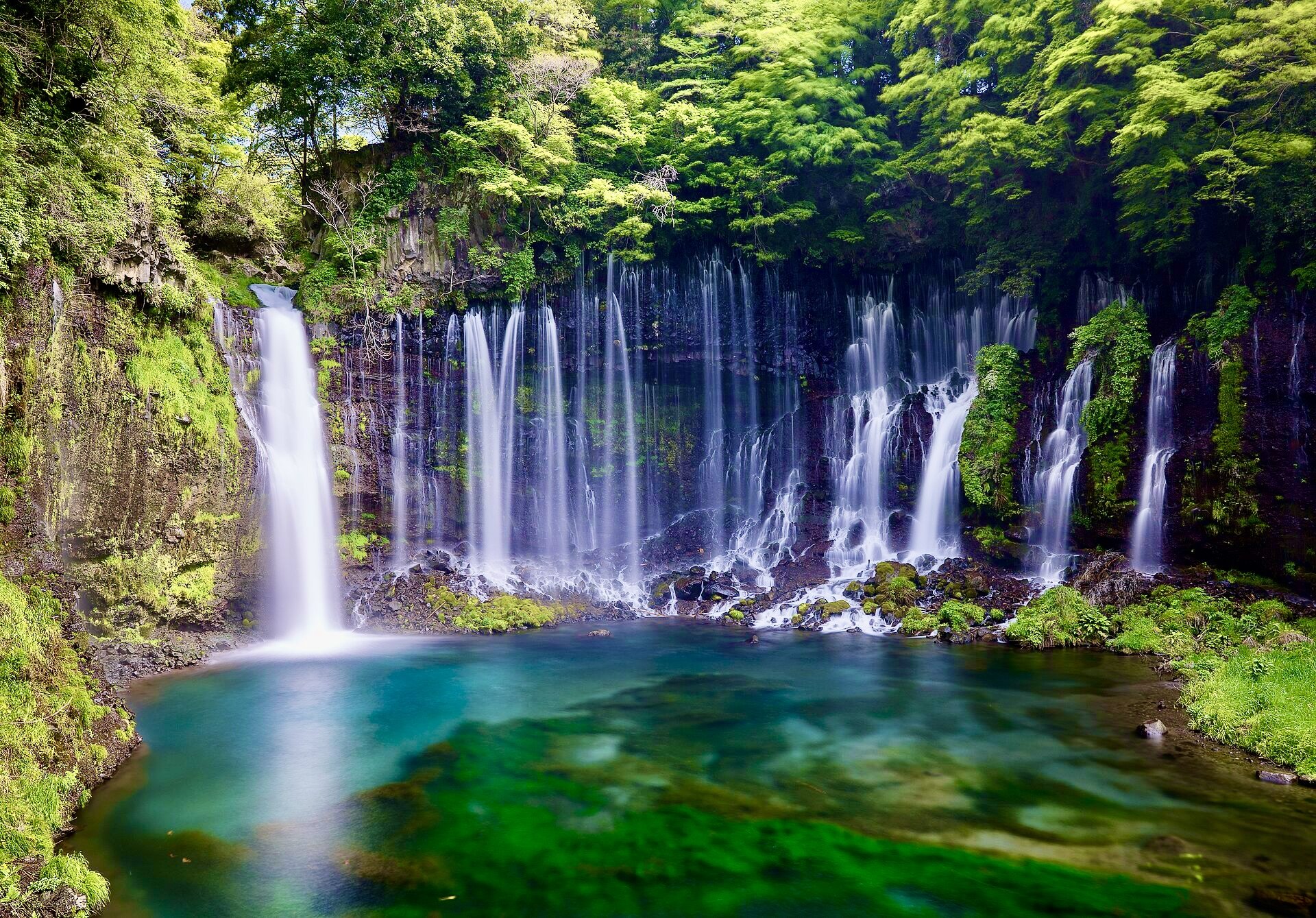 Many streams of Shiraito Falls descending through green rock